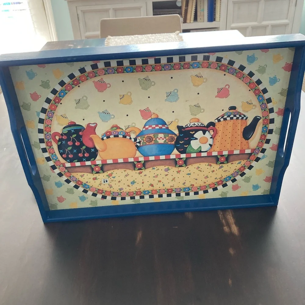 Mary Engelbreit serving tray with colorful teapots. - Picture 3 of 8